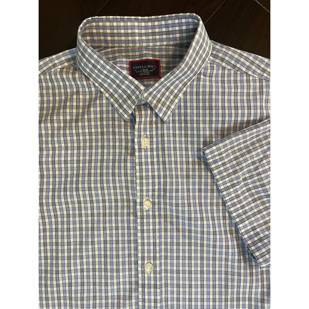 UNTUCKit Button Down Shirt Mens Lg Blue Gingham Slim Fit Short Sleeve Preppy
